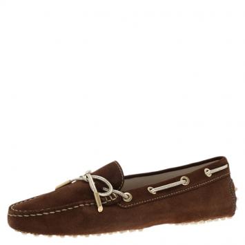 Pre Owned Tod's Brown Suede Bow Loafers Size 37.5