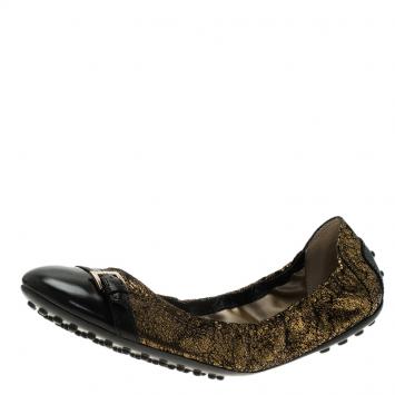 Pre Owned Tod's Metallic Gold and Leather Cap Toe Buckle Ballet Flats Size 40