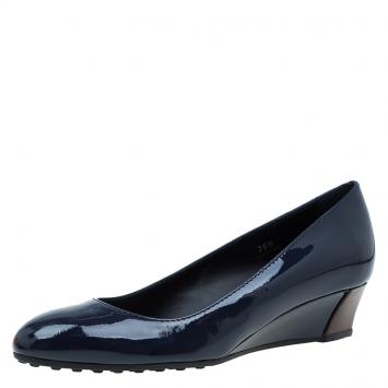 Pre Owned Tod's Blue Patent Wedge Pumps Size 36.5