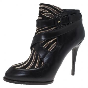 Pre Owned Tod's Black Leather and  Zebra Print Hair On Ankle Boots Size 39.5