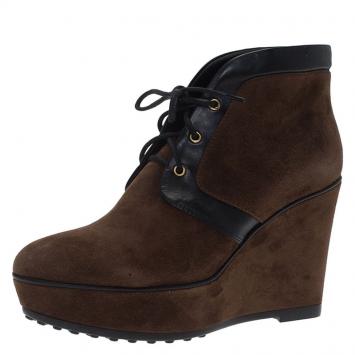 Pre Owned Tod's Brown Suede and Black Leather Lace Up Wedge Ankle Boots Size 37.5