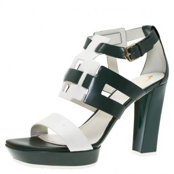 Pre Owned Tod's Green and White Leather Cutout Platform Sandals Size 38