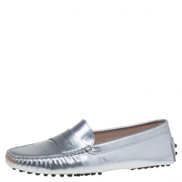 Pre Owned Tod's Silver Metallic Leather Penny Loafers Size 38