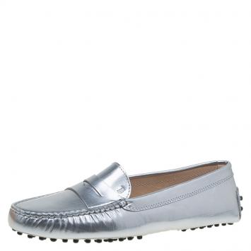 Pre Owned Tod's Silver Metallic Leather Penny Loafers Size 38