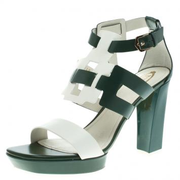 Pre Owned Tod's Green and White Leather Cutout Platform Sandals Size 40