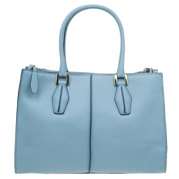 Pre Owned Tod's Carolina Blue Leather Medium Double Zip Shopping Tote Bag