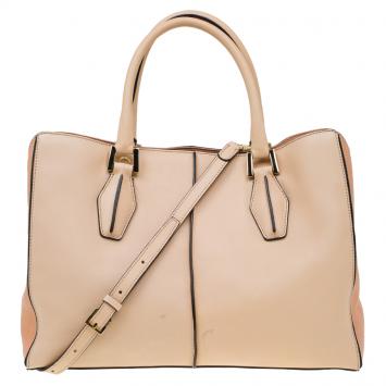 Pre Owned Tod's Beige Bi Color Leather Medium D-Cube Tote