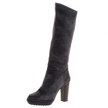 Pre Owned Tod's Grey Suede Knee High Riding Boots Size 37.5