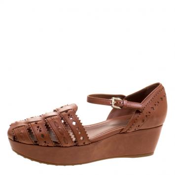 Pre Owned Tod's Brown Cutout Leather Ankle Strap Wedge Sandals Size 39