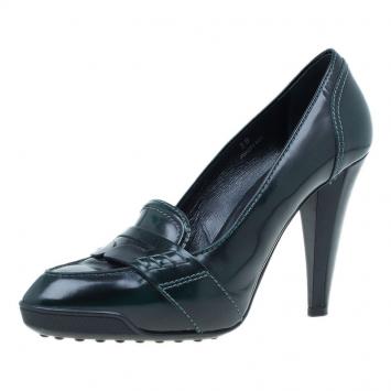 Pre Owned Tod's Green Leather Penny Loafer Pumps Size 38