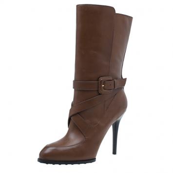 Pre Owned Tod's Brown Leather Cross Strap Knee Boots Size 40