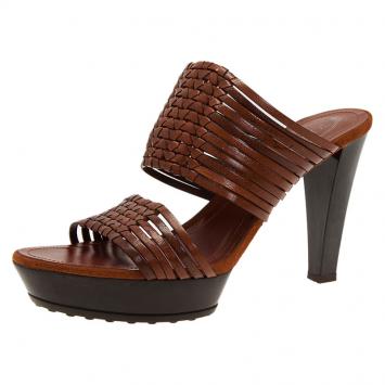 Pre Owned Tod's Brown Strappy Leather Slides Size 38.5