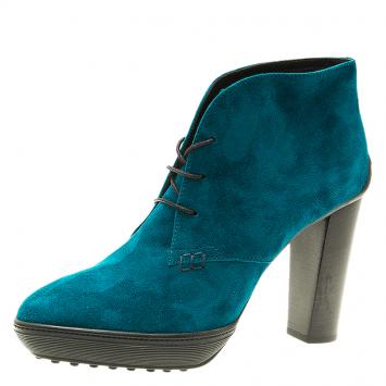 Pre Owned Tod's Turquoise Suede Lace Up  Boots Size 39.5