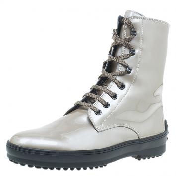Pre Owned Tod's Metallic Patent Lace Up Mid Calf Boots Size 39.5 
