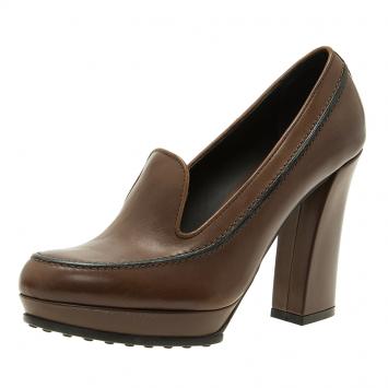 Pre Owned Tod's Brown Leather Loafer Platform Pumps Size 39.5 