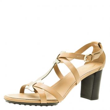 Pre Owned Tod's Beige Leather and Metallic T-Strap Sandals Size 39.5