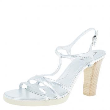 Pre Owned Tod's Metallic Silver Leather T-Strap Sandals Size 41