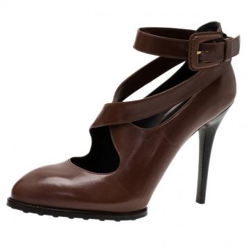 Pre Owned Tod's Brown Leather Cross Strap Pumps Size 39.5