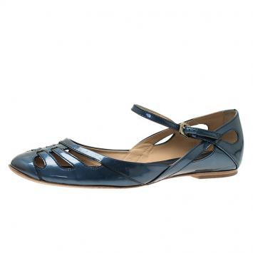 Pre Owned Tod's Blue Patent Cutout Ankle Strap Ballet Flats Size 39.5