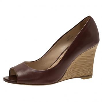 Pre Owned Tod's Brown Leather Peep Toe Wedge Pumps Size 36.5