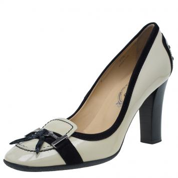 Pre Owned Tod's Beige Patent and Black Suede Leather Loafer Pumps Size 37.5