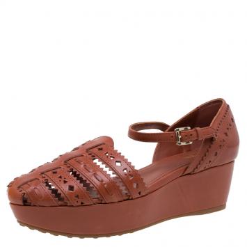 Pre Owned Tod's Brown Cutout Leather Ankle Strap Wedge Sandals Size 39