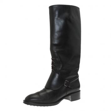 Pre Owned Tod's Black Leather Lace Up Knee Boots Size 38.5
