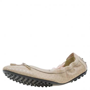 Pre Owned Tod's Beige Leather Flower Laser Cut Ballet Flats Size 37.5