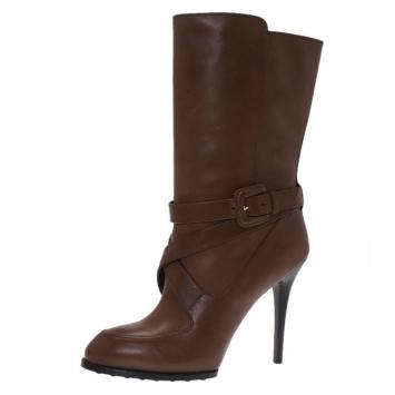 Pre Owned Tod's Brown Leather Buckle Mid Calf Boots Size 40