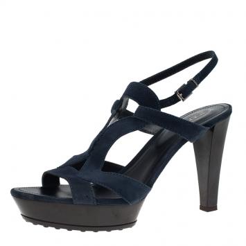 Pre Owned Tod's Navy  Blue Cutout Suede Platform Sandals Size 39.5