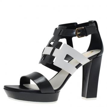 Pre Owned Tod's Black and White Cut Out Leather Sandals Size 37.5