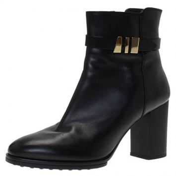 Pre Owned Tod's Black Leather Block Heel Buckle Ankle Boots Size 39