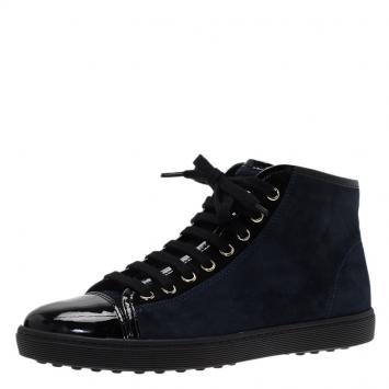Pre Owned  Tod's Navy Blue Suede and Black Patent High Top Sneakers Size 37.5