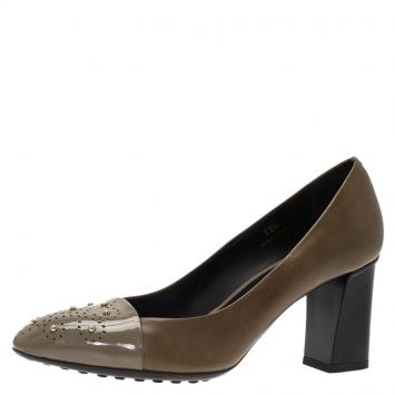 Pre Owned Tod's Brown Studded Cap Toe Leather Block Heel Pumps Size 35.5