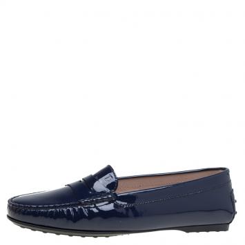 Pre Owned Tod's Navy Blue Patent Gomma Lu Moccasins Size 39.5