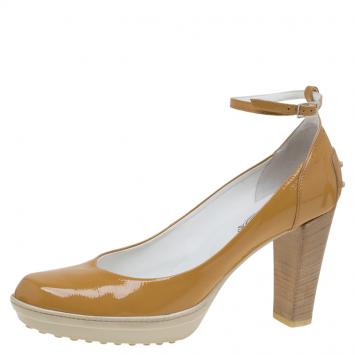 Pre Owned Tod's Beige Patent Leather Ankle Strap Pumps Size 39.5