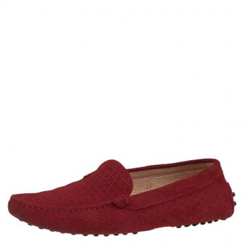 Pre Owned Tod's Red Floral Perforated Suede Loafers Size 36
