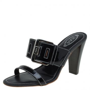 Pre Owned Tod's Black Patent Buckle Detail Slides Size 36