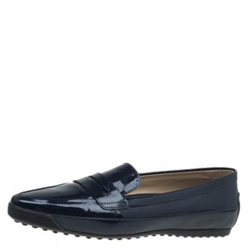 Pre Owned Tod's Navy Blue Patent Penny Pointed Toe Loafers Size 40.5