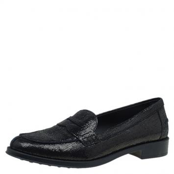 Pre Owned Tod's Metallic Blue Iridescent Leather Penny Loafers Size 37.5