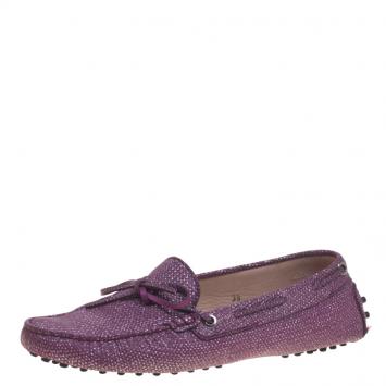 Pre Owned Tod's Purple Glitter Leather Bow Detail Driving Loafers Size 39