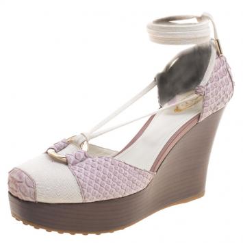 Pre Owned Tod's Lavender Python and Canvas Tie Up Wedge Sandals Size 40