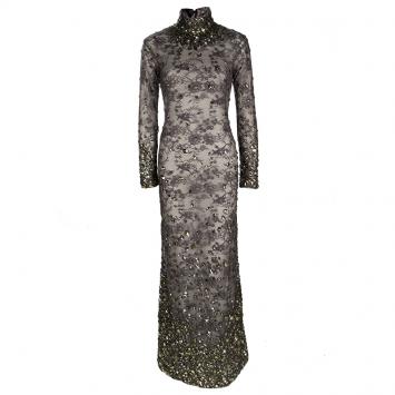 Pre Owned Tom Ford Grey Floral Lace Crystal Embellished Gown S