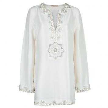 Pre Owned Tory Burch Cream Raw Silk Embellished Long Sleeve Tunic Blouse L