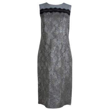 Pre Owned Tory Burch Grey Lurex Jacquard Sleeveless Jane Dress M