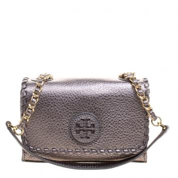 Pre Owned Tory Burch Gunmetal Leather Marion Shrunken Shoulder Bag