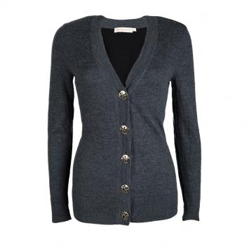 Pre Owned Tory Burch Colorblock Merino Wool Logo Button Detail Cardigan S