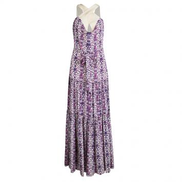 Pre Owned Tory Burch Purple Printed Silk Sleeveless Tiered Maxi Dress L
