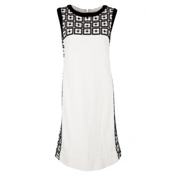 Pre Owned Tory Burch Cream Contrast Embroidered Velvet Trim Sleeveless Denise Dress L