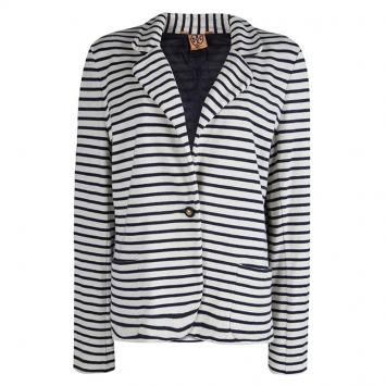 Pre Owned Tory Burch Navy Blue And White Striped Knit Blazer XL